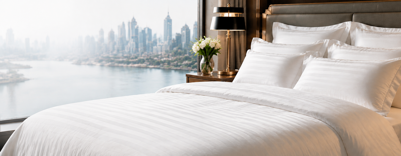 Hotel bed dressed with white hospitality linens